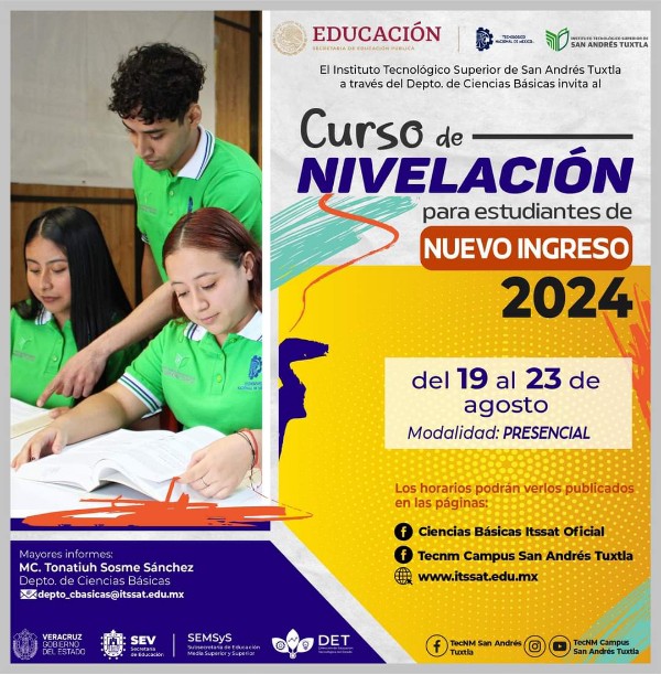 Calendario del ‘Curso de Nivelación’ para alumnos del ITSSAT