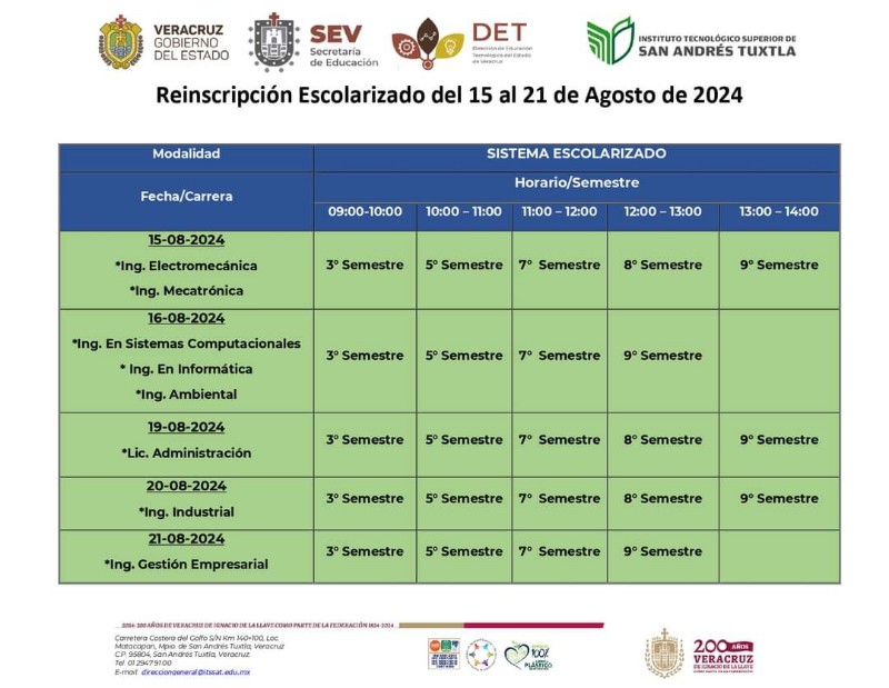 Calendario para fecha de reinscripción para modalidad escolarizado y semi escolarizado.