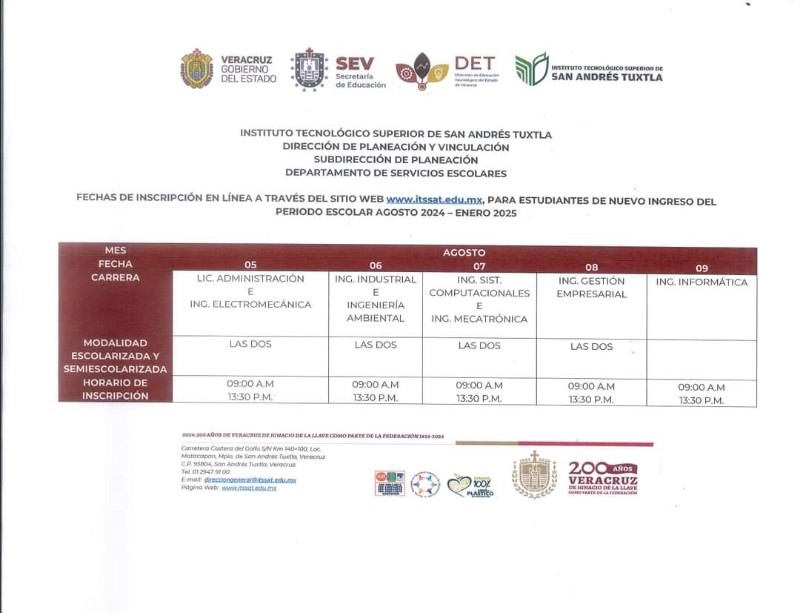 Calendario para fecha de Inscripción al Primer Semestre del ITSSAT