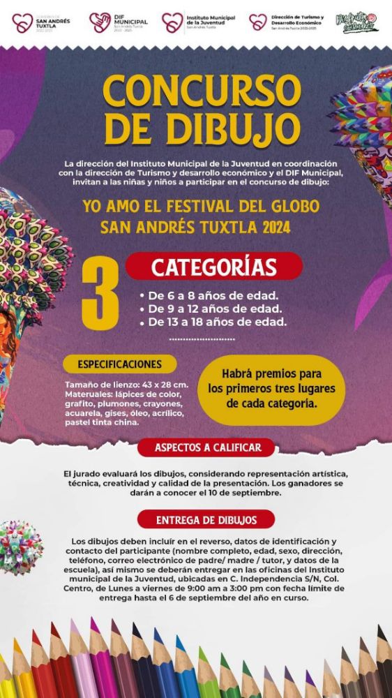 Gobierno municipal invita a los jóvenes de 6 a 18 años al concurso de dibujo Yo amo el festival de globo SAT 2024