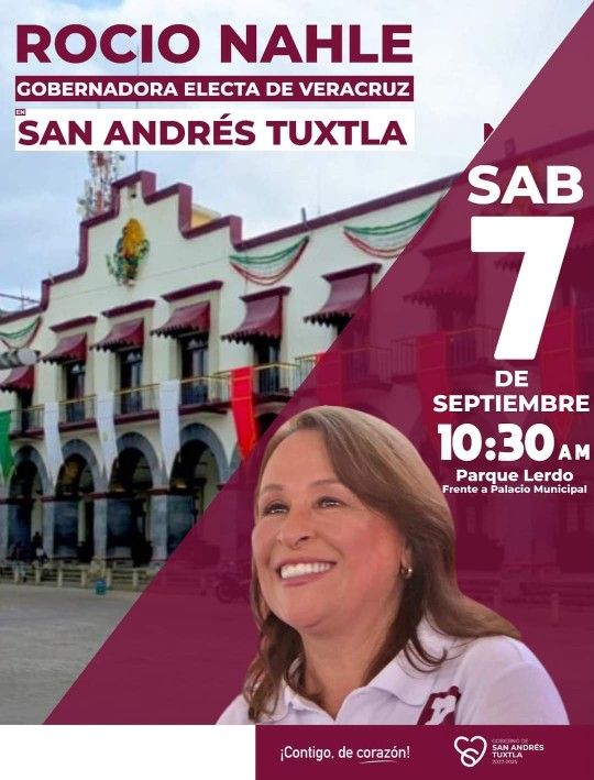 Este sábado 7 de septiembre en San Andrés Tuxtla arriba la Gobernadora electa Rocio Nahle