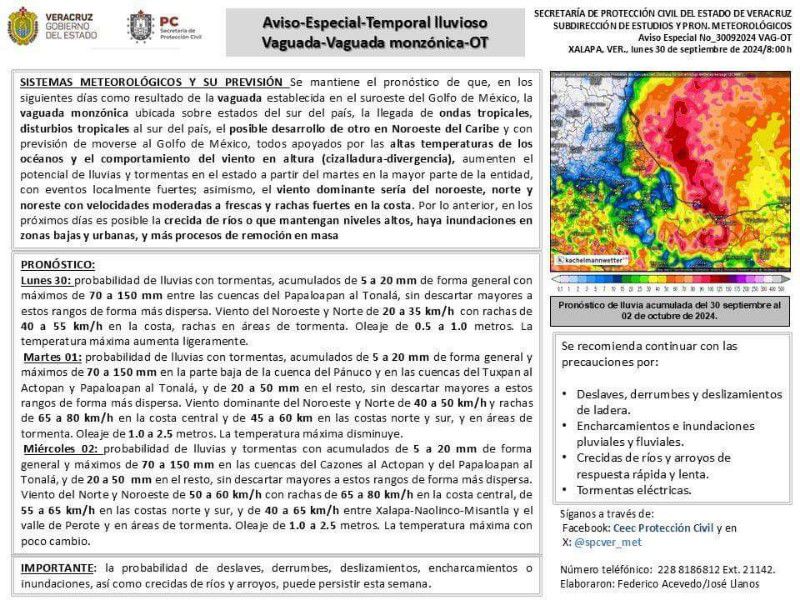 Se mantiene el pronóstico de que, en los siguientes días como resultado de la vaguada establecida en el suroeste del Golfo de México