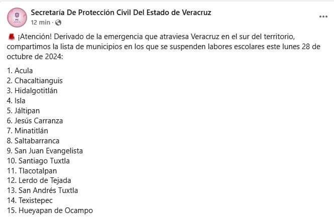 Municipio de San Andrés Tuxtla, entre los municipios con suspensión de clases en todos los niveles