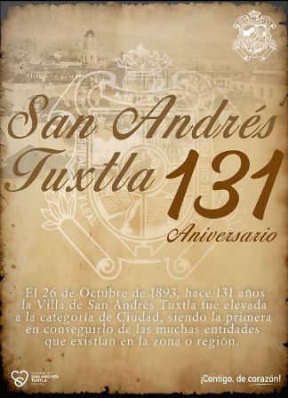 Cumple 131 años la ciudad de San Andrés Tuxtla de haber sido elevada a ciudad