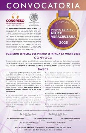 Emite Congreso convocatoria para el Premio Estatal a la Mujer 2025