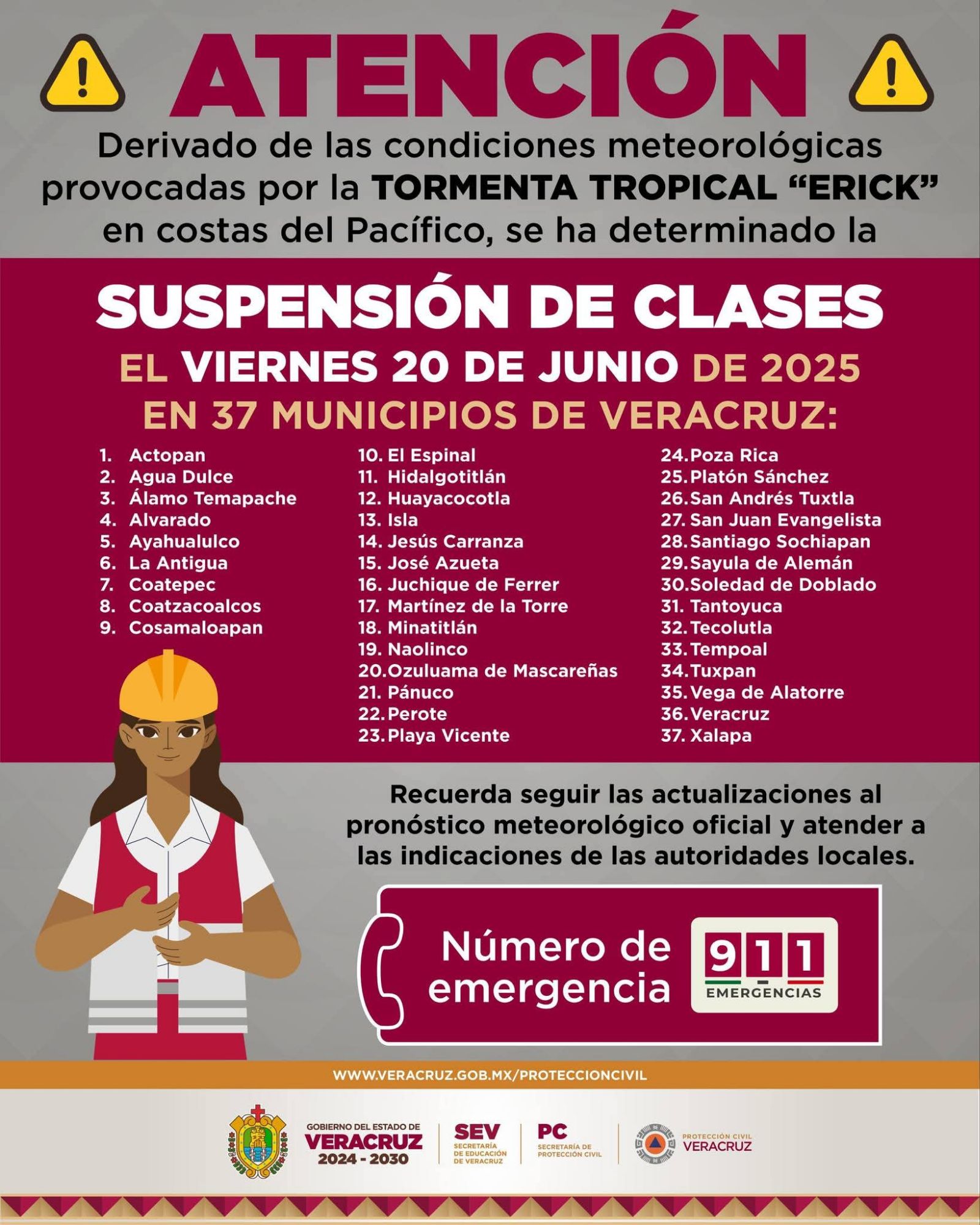 SEV da indicaciones para suspender clases en el municipio por el paso de la Tormenta Tropical «Erick»