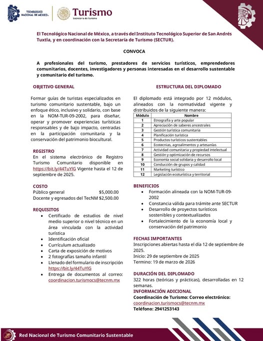 compartimos la convocatoria del Diplomado Especializado en Turismo Comunitario Sustentable