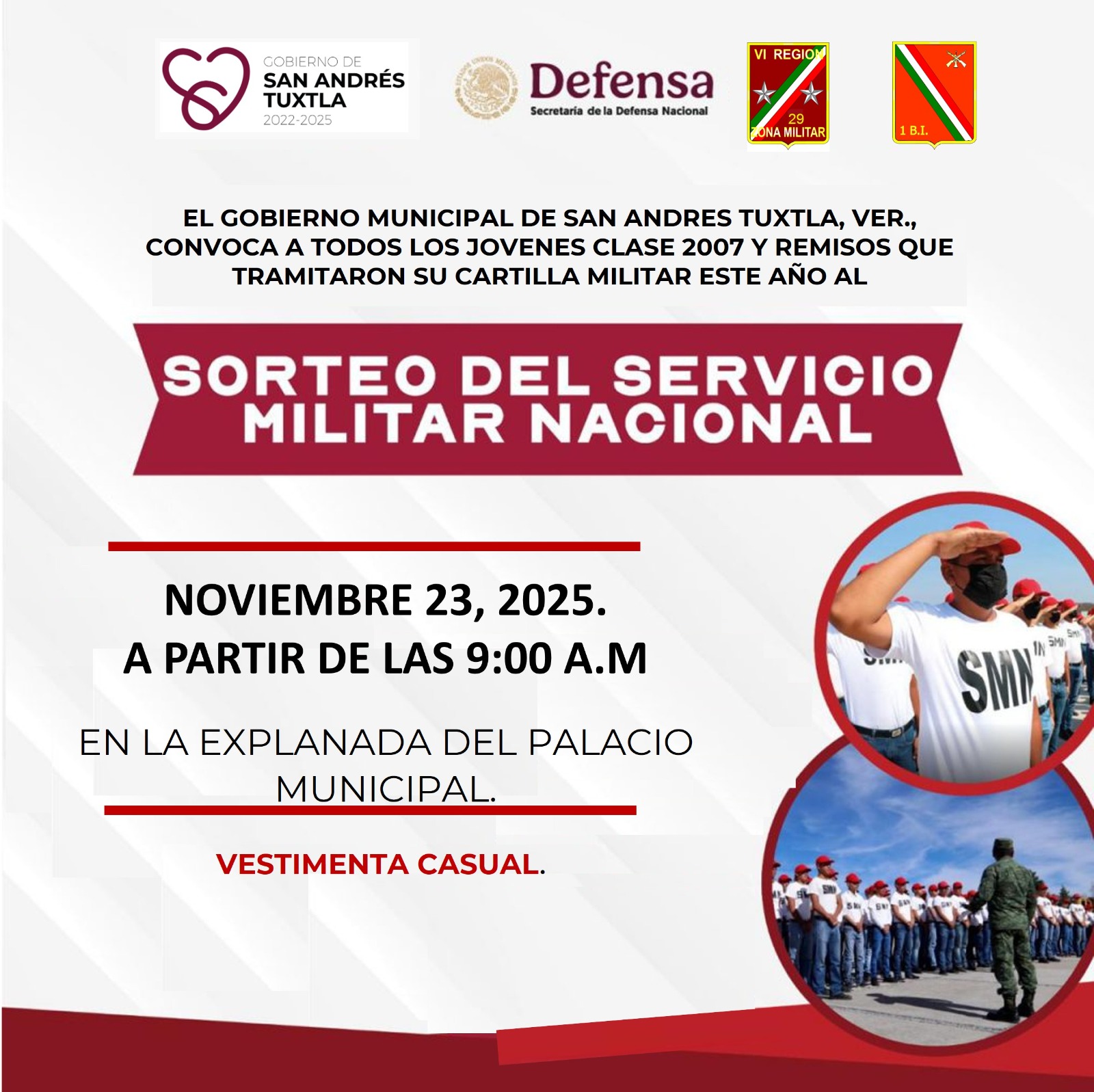 El Gobierno Municipal de San Andrés Tuxtla convoca al sorteo del Servicio Militar Nacional