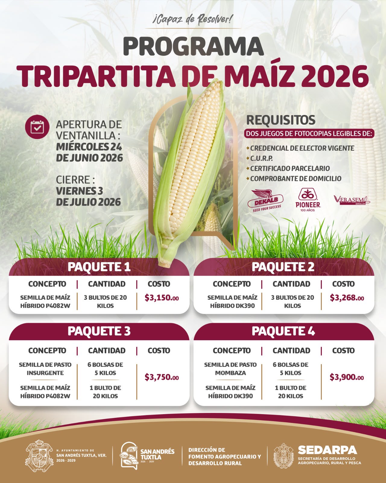 Ayuntamiento de San Andrés Tuxtla abre ventanilla del Programa Tripartita de Maíz 2026
