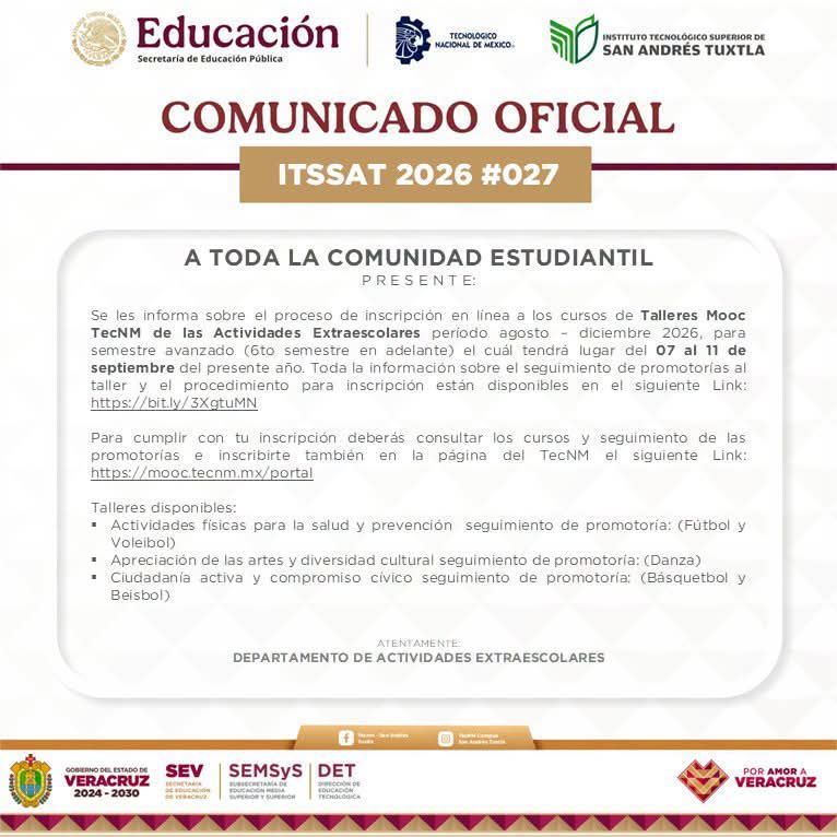 Comunicado oficial 2026-027 Departamento de Actividades Extraescolares