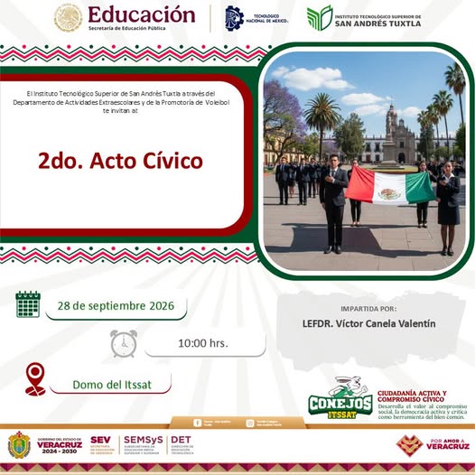 ITSSAT invita a comunidad estudiantil al 2do Acto Cívico del periodo escolar agosto-diciembre de 2026