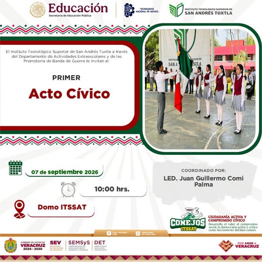 Convocatoria para 1er Acto Cívico del periodo escolar agosto-diciembre 2026 en el TecNM-SAT